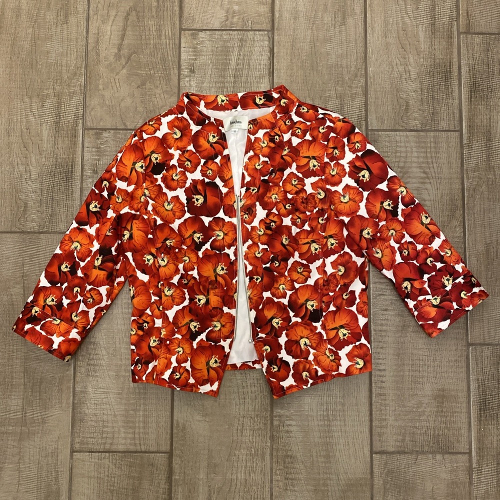 Neiman Marcus Jacket 12 Red Poppy Flowers Artsy Floral 3/4 Sleeve Lined Short